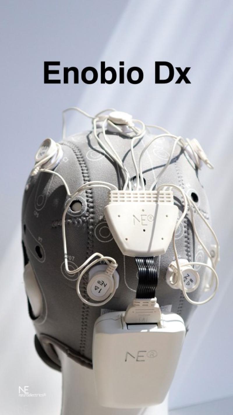 The Enobio Dx EEG cap and its wireless amplifier, seen from behind